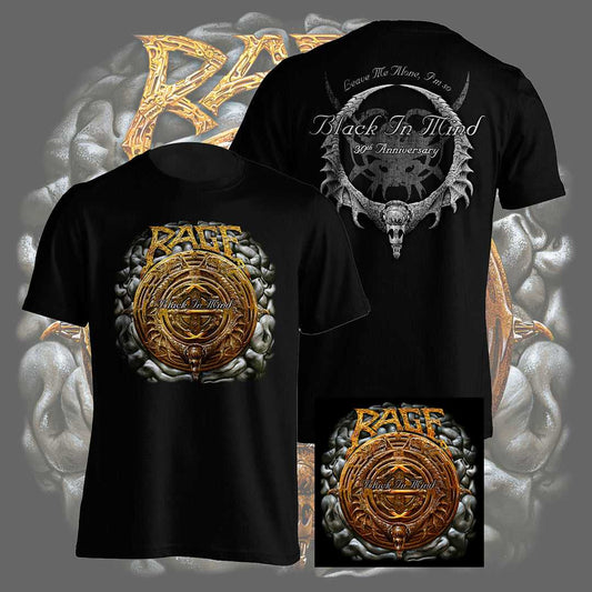 Rage 30th Anniversary Black In Mind Shirt + Patch bundle featuring a black T-shirt with gold and silver skull artwork and matching embroidered patch.
