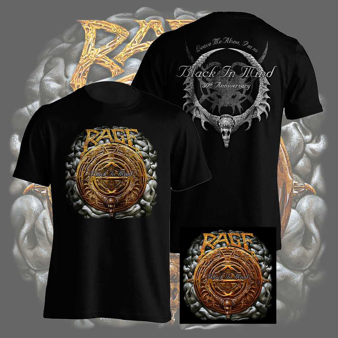 Rage 30th Anniversary Black In Mind Shirt + Patch bundle featuring a black T-shirt with gold and silver skull artwork and matching embroidered patch.