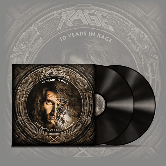 Rage LP '10 Years In Rage' Gatefold Double Vinyl featuring anniversary album artwork with a half-human, half-mechanical face and two black vinyl records.