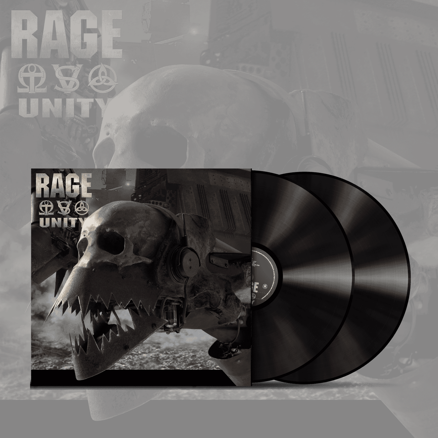 Rage LP 'Unity' Gatefold Double Vinyl featuring robotic skull artwork with two black vinyl records partially out of the sleeve. Ideal for metal music collectors.
