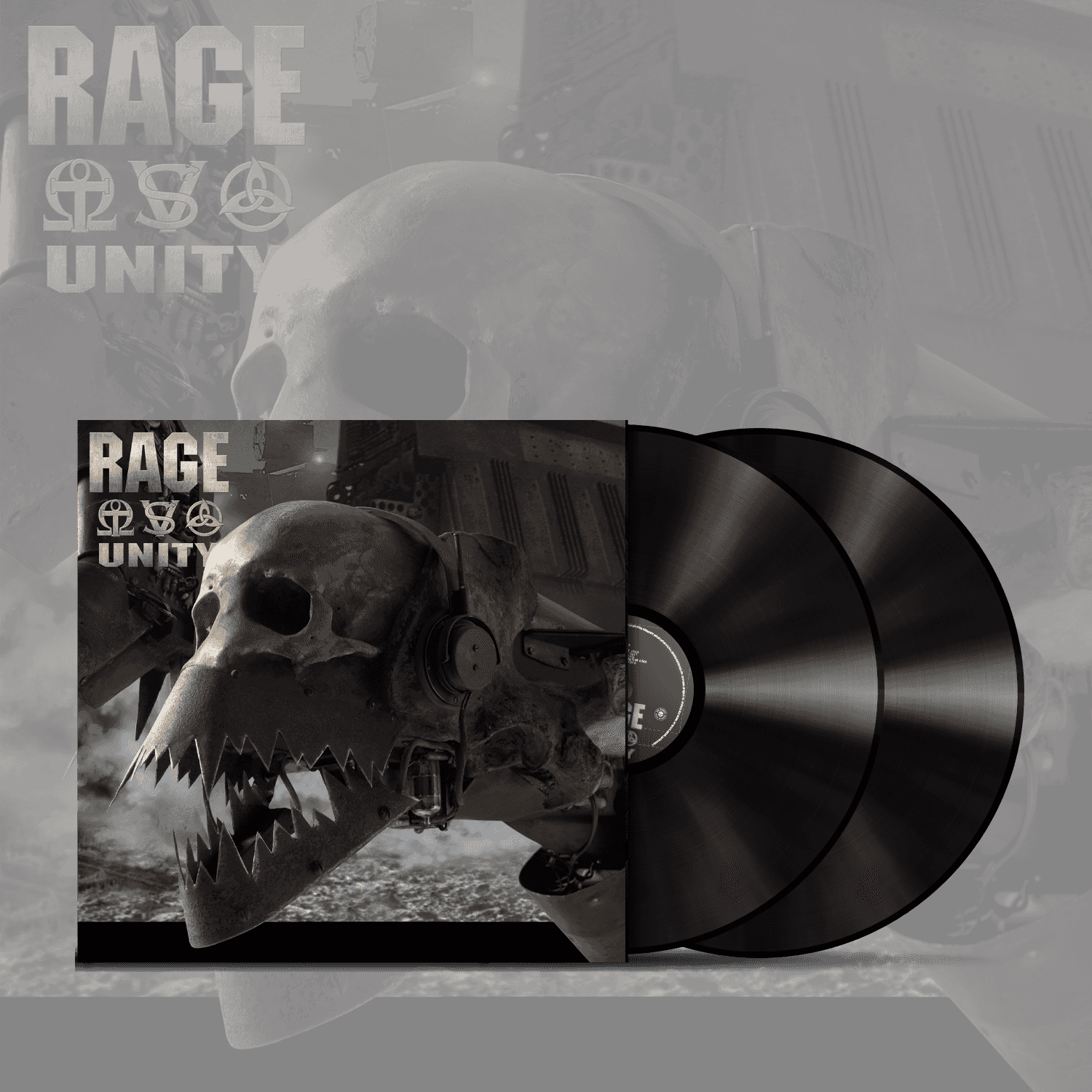 Rage LP 'Unity' Gatefold Double Vinyl featuring robotic skull artwork with two black vinyl records partially out of the sleeve. Ideal for metal music collectors.