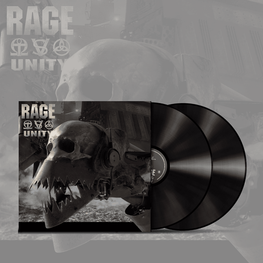 Rage LP 'Unity' Gatefold Double Vinyl featuring robotic skull artwork with two black vinyl records partially out of the sleeve. Ideal for metal music collectors.