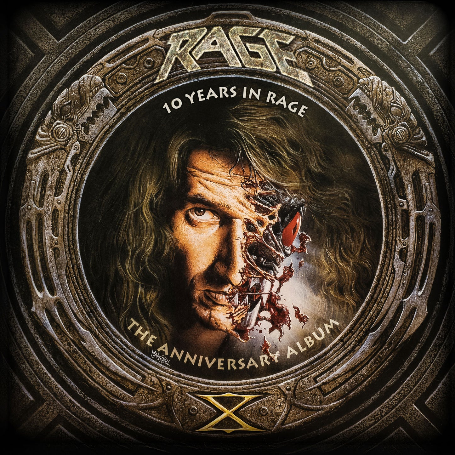 Close-up of Rage LP '10 Years In Rage' album cover art showing a detailed illustration of a man's face transforming into a machine, framed by metallic design.