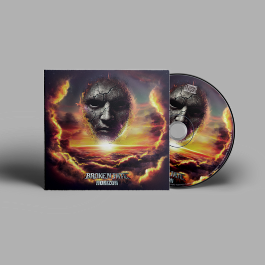 Broken Fate CD 'Horizon' digipack featuring a dramatic cracked stone face emerging from fiery clouds with a sunset horizon background.