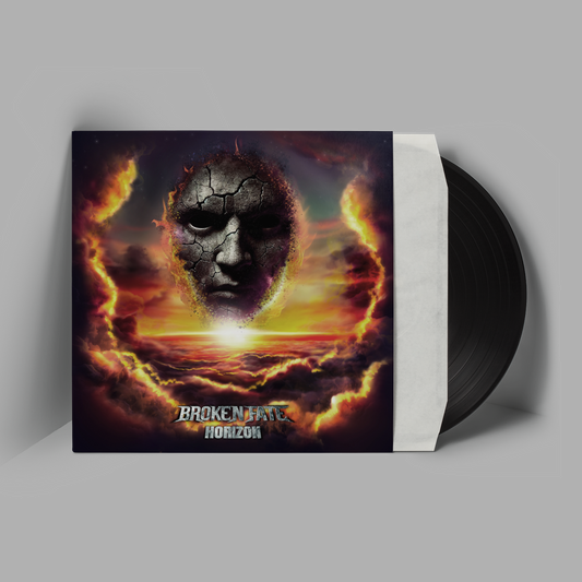 Broken Fate LP 'Horizon' Vinyl features a cracked stone face emerging from a fiery sunset sky, packaged in a black vinyl sleeve. Ideal for rock and metal vinyl collectors.