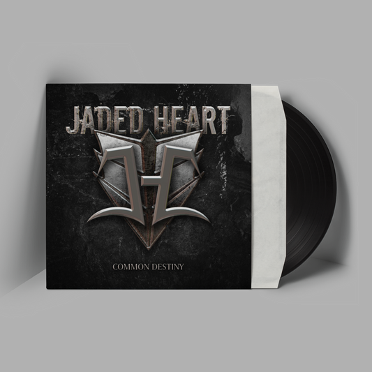 Jaded Heart LP 'Common Destiny' Vinyl record partially out of sleeve featuring metallic band logo on dark textured cover. Ideal for rock vinyl collectors.