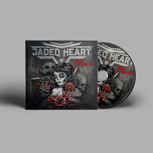 Jaded Heart CD 'Guilty By Design' in digipack format featuring gothic artwork with skulls, roses, and a woman with face paint. Ideal for rock music fans.