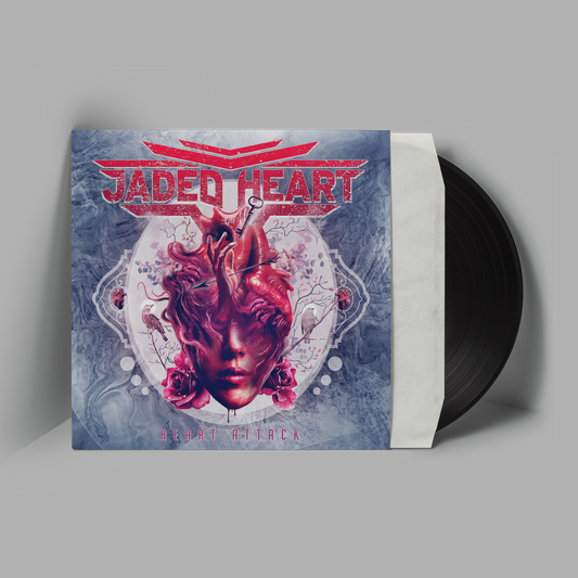 Jaded Heart LP 'Heart Attack' Vinyl features a surreal cover with a heart merging into a face, packaged in a black vinyl sleeve. Ideal for rock music collectors.