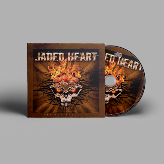 Jaded Heart CD 'Perfect Insanity' in digipack format featuring fiery skull artwork and tribal design, ideal for hard rock music collectors.