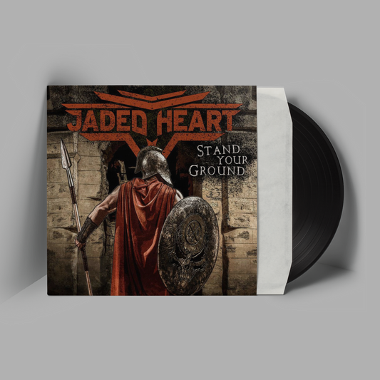 Jaded Heart LP 'Stand Your Ground' Vinyl features a warrior with shield and spear on the album cover, ideal for rock and metal vinyl collectors.