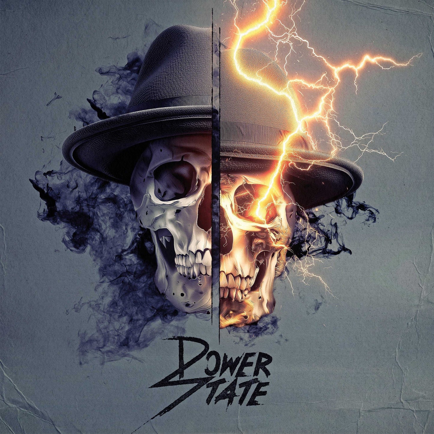 Split image of a skull with a hat on a gray background, featuring the text 'Power State'.