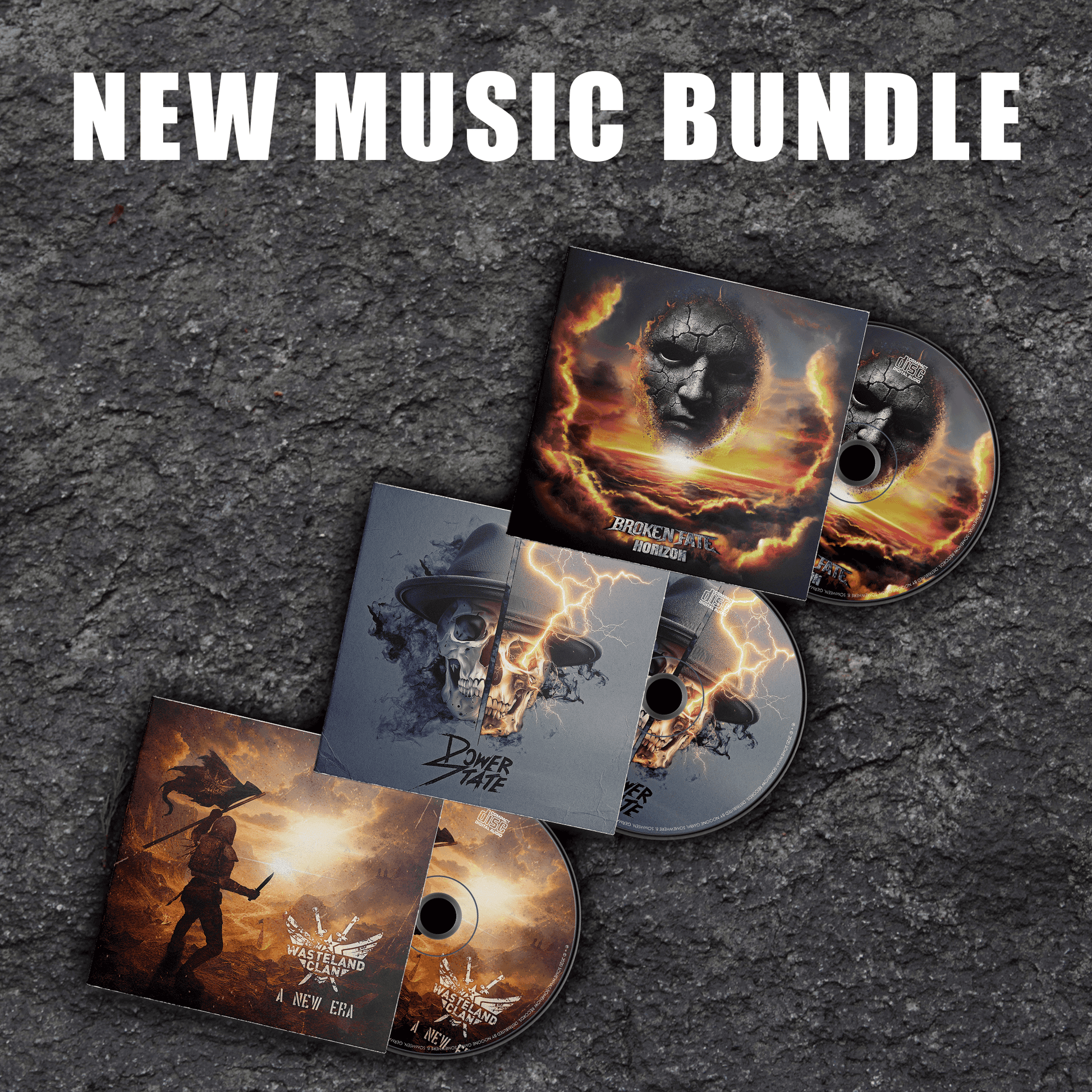 Music bundle with CDs and covers on a textured surface, featuring 'New Music Bundle' text.