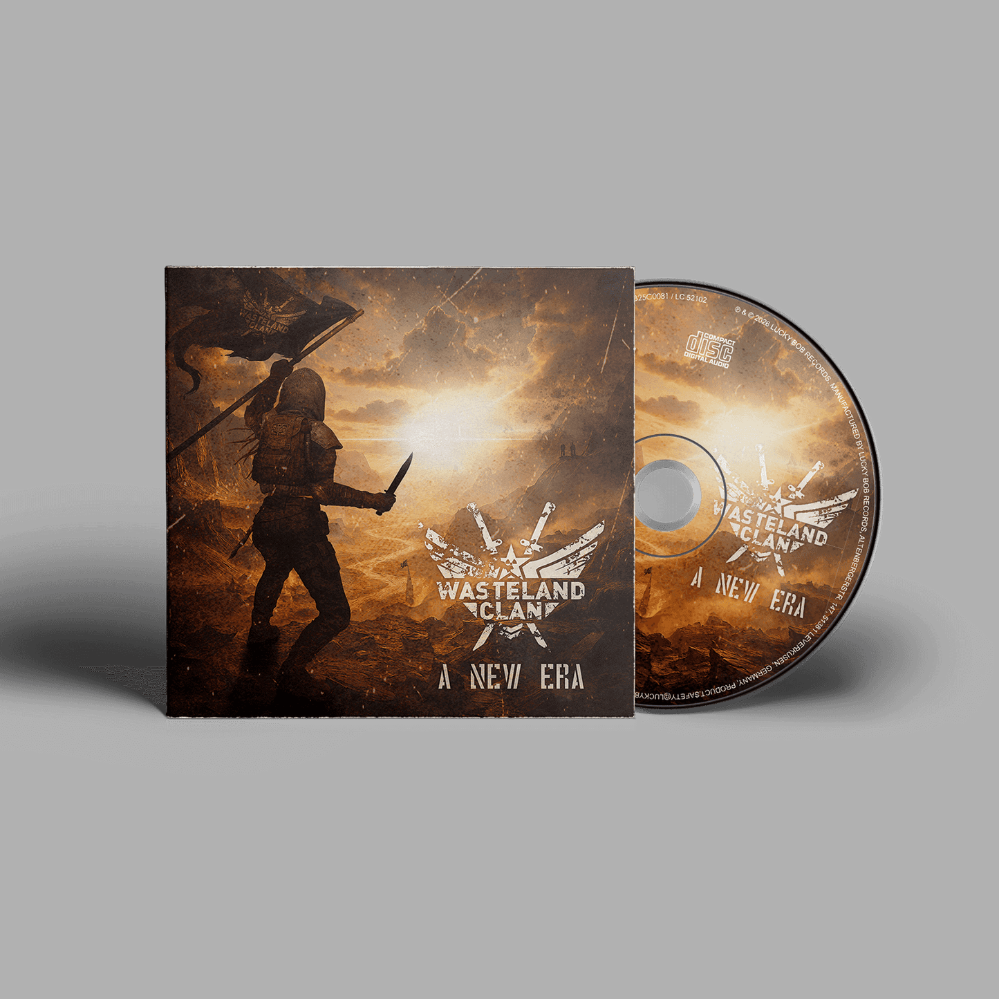 CD cover and disc with 'Wasteland Clan' design on a gray background